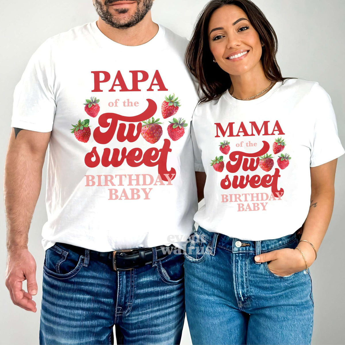 Dad and Mom standing together in white Papa and Mama strawberry Two Sweet shirts.