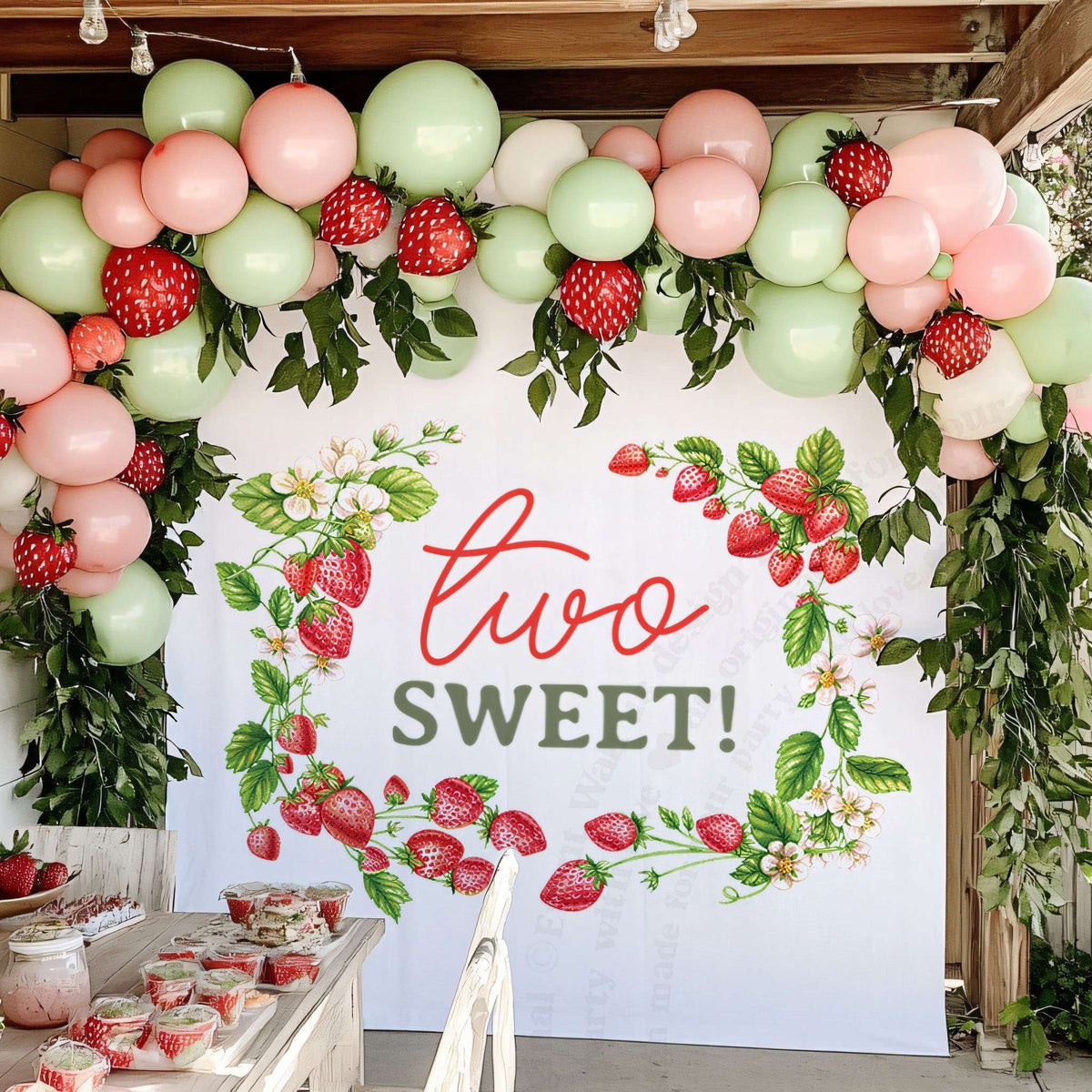 Strawberry vine two sweet backdrop on a covered patio with blush and sage balloons and strawberries.
