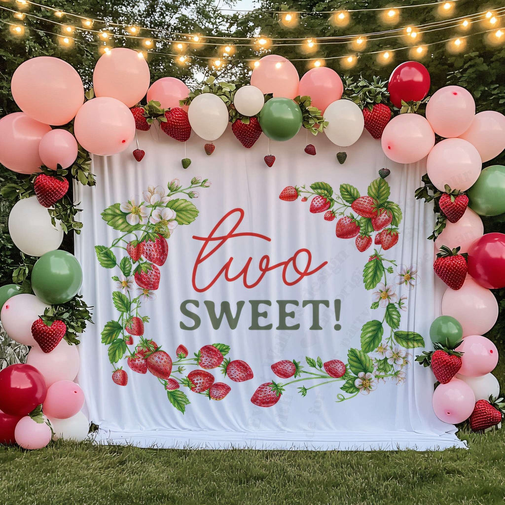 Strawberry vine backdrop on a lawn under string lights with pink and red balloons.