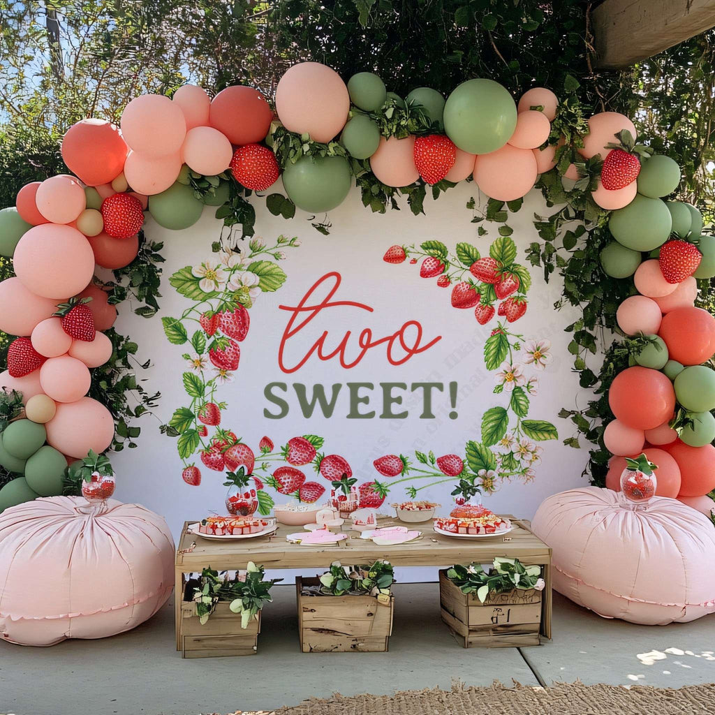Two sweet backdrop on a patio with pink poufs, a low table and coral balloons.