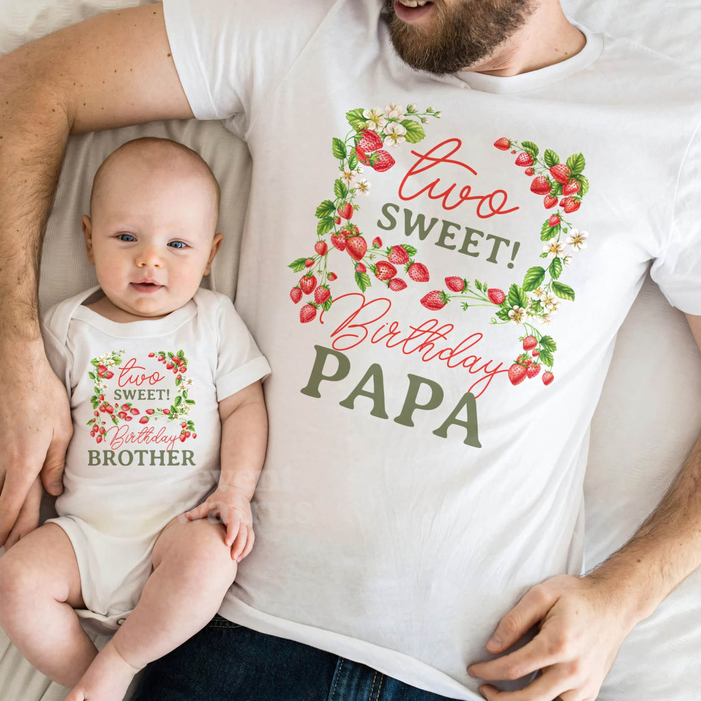 Baby in a Two Sweet Brother bodysuit lying on Dad in his Papa shirt.