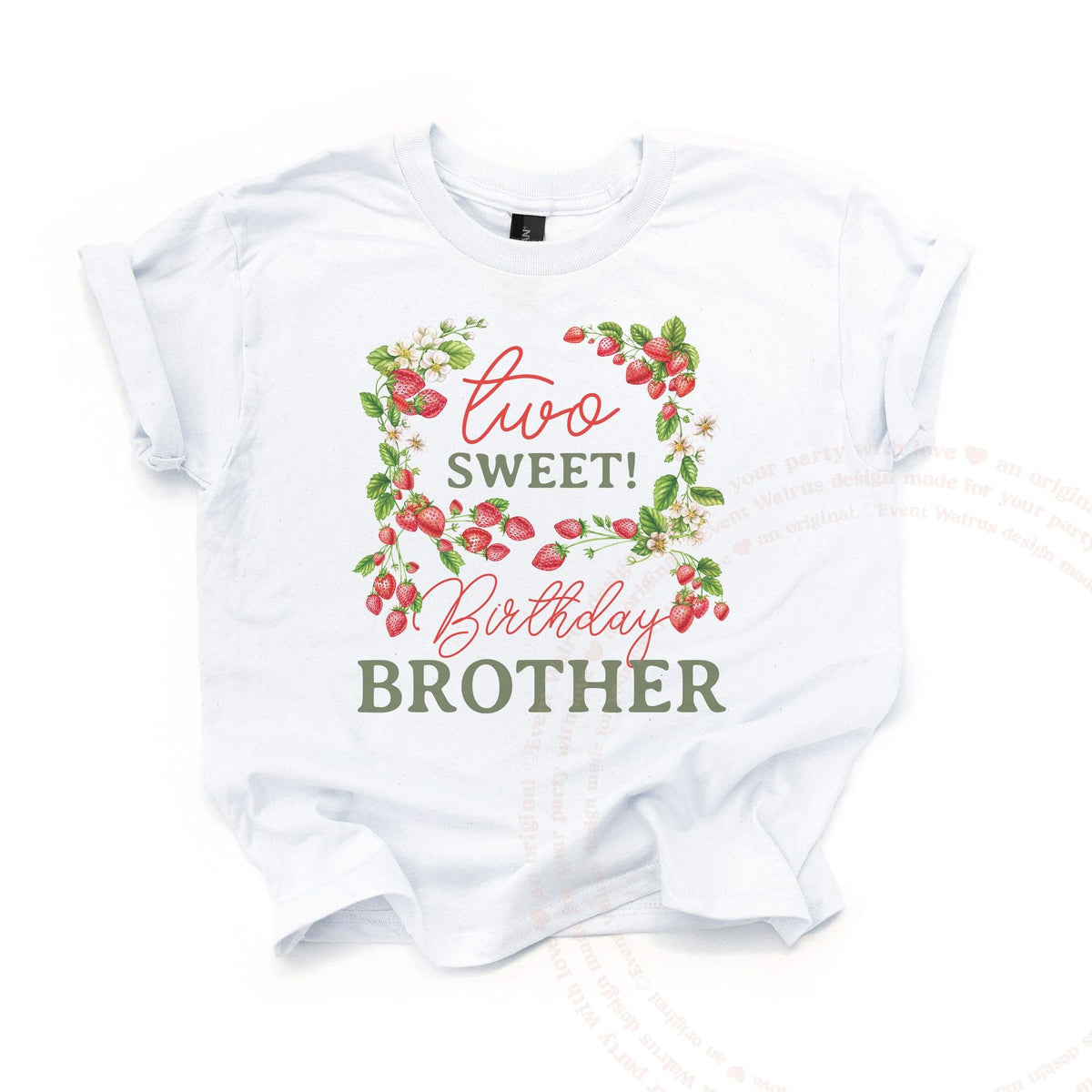 White Two Sweet Birthday Brother kids tee laid flat, with the strawberry vine wreath.