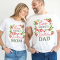 Mom and Dad laughing together in white Two Sweet Birthday Mom and Dad shirts.