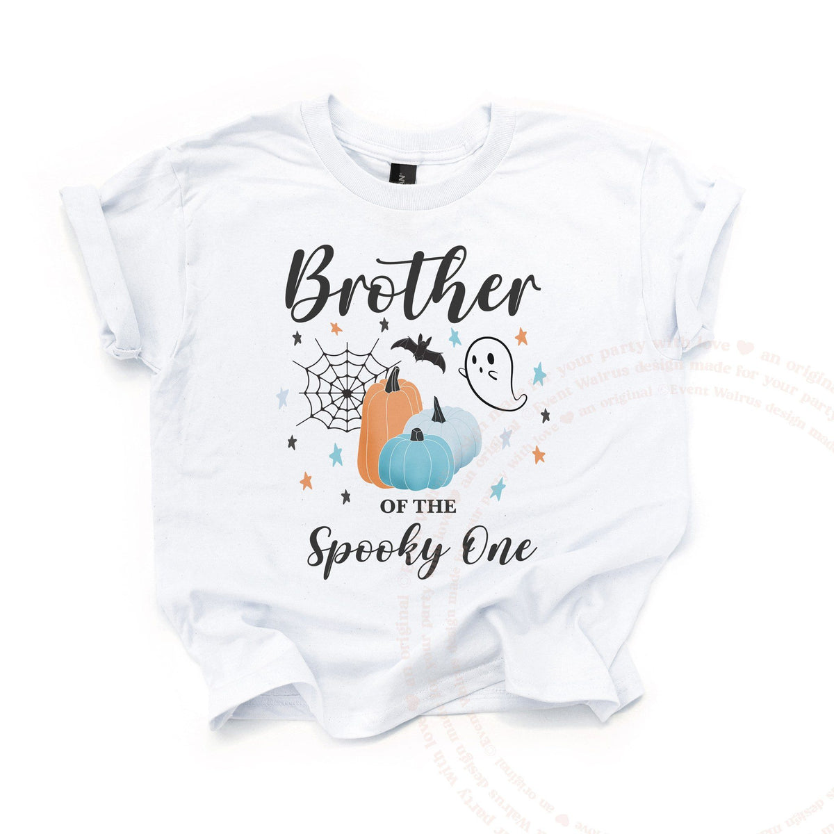 White Brother of the Spooky One kids tee laid flat, with teal and orange pumpkins and a ghost.