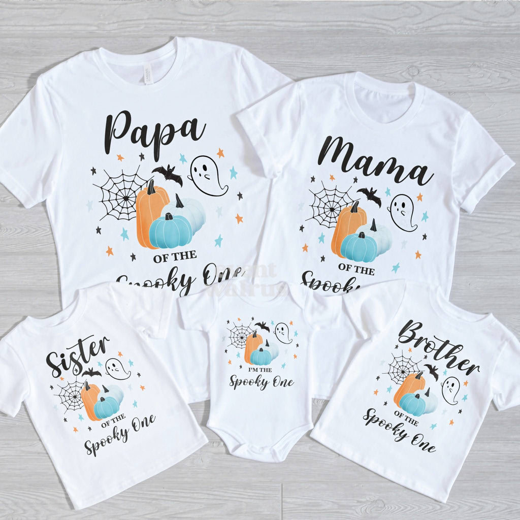 Papa, Mama, Sister, Brother and baby teal pumpkin Spooky One shirts on gray wood.