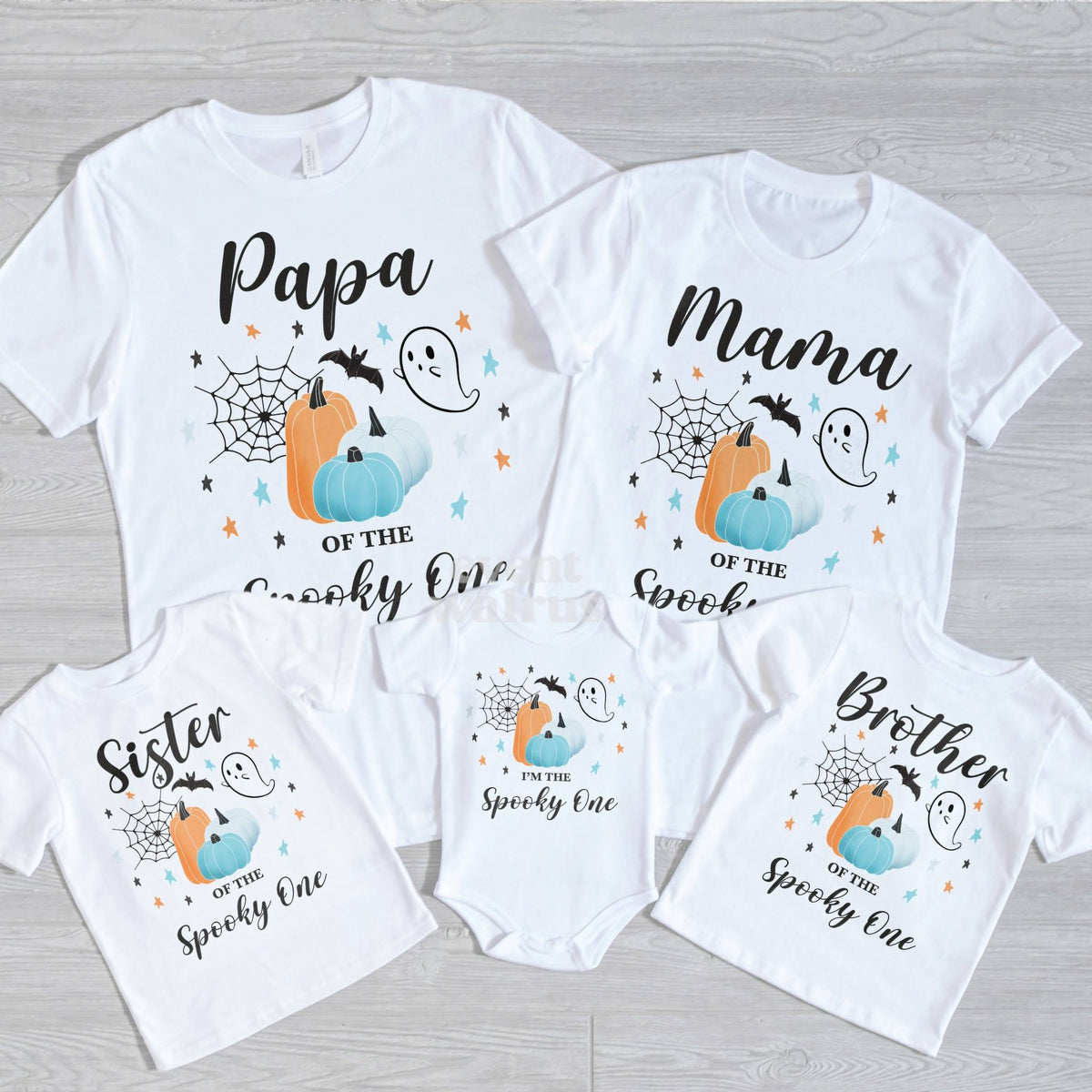 Papa, Mama, Sister, Brother and baby teal pumpkin Spooky One shirts on gray wood.