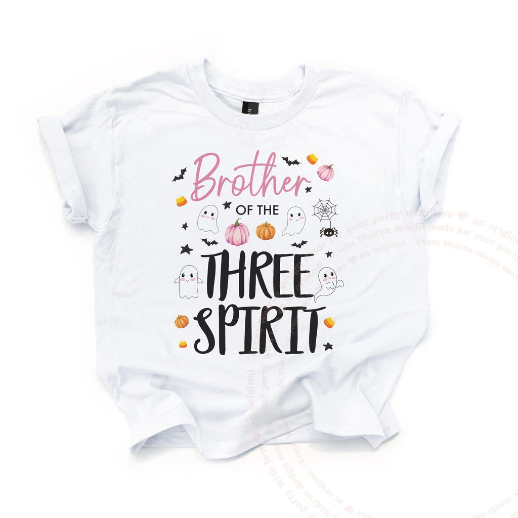 White Brother of the Three Spirit kids tee laid flat, with ghosts, bats and candy corn.