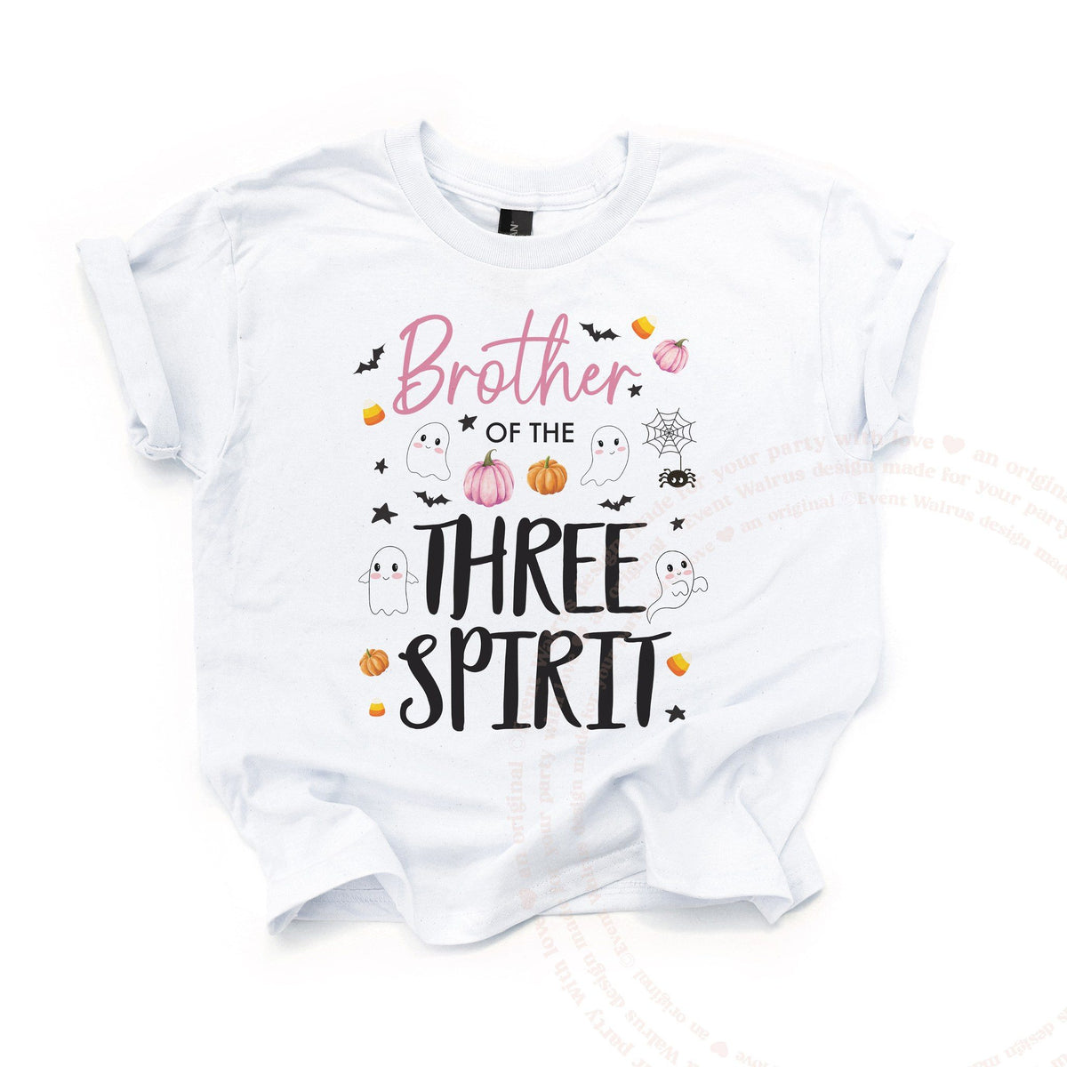 White Brother of the Three Spirit kids tee laid flat, with ghosts, bats and candy corn.