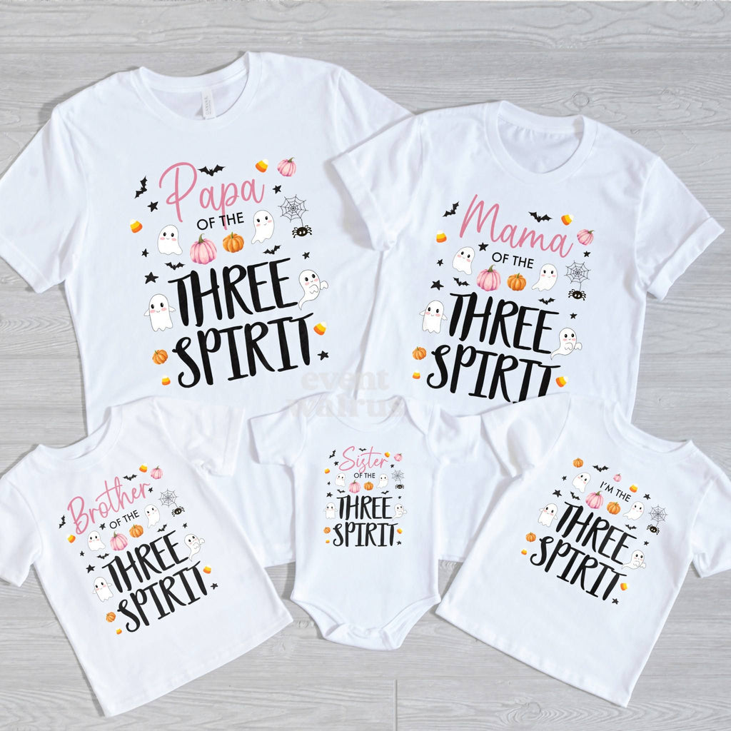 Papa, Mama, Brother, Sister and Birthday Girl Three Spirit shirts on gray wood.