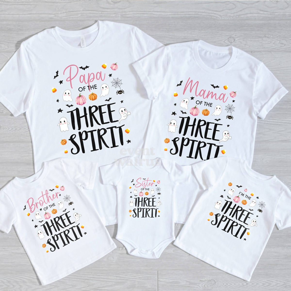 Papa, Mama, Brother, Sister and Birthday Girl Three Spirit shirts on gray wood.