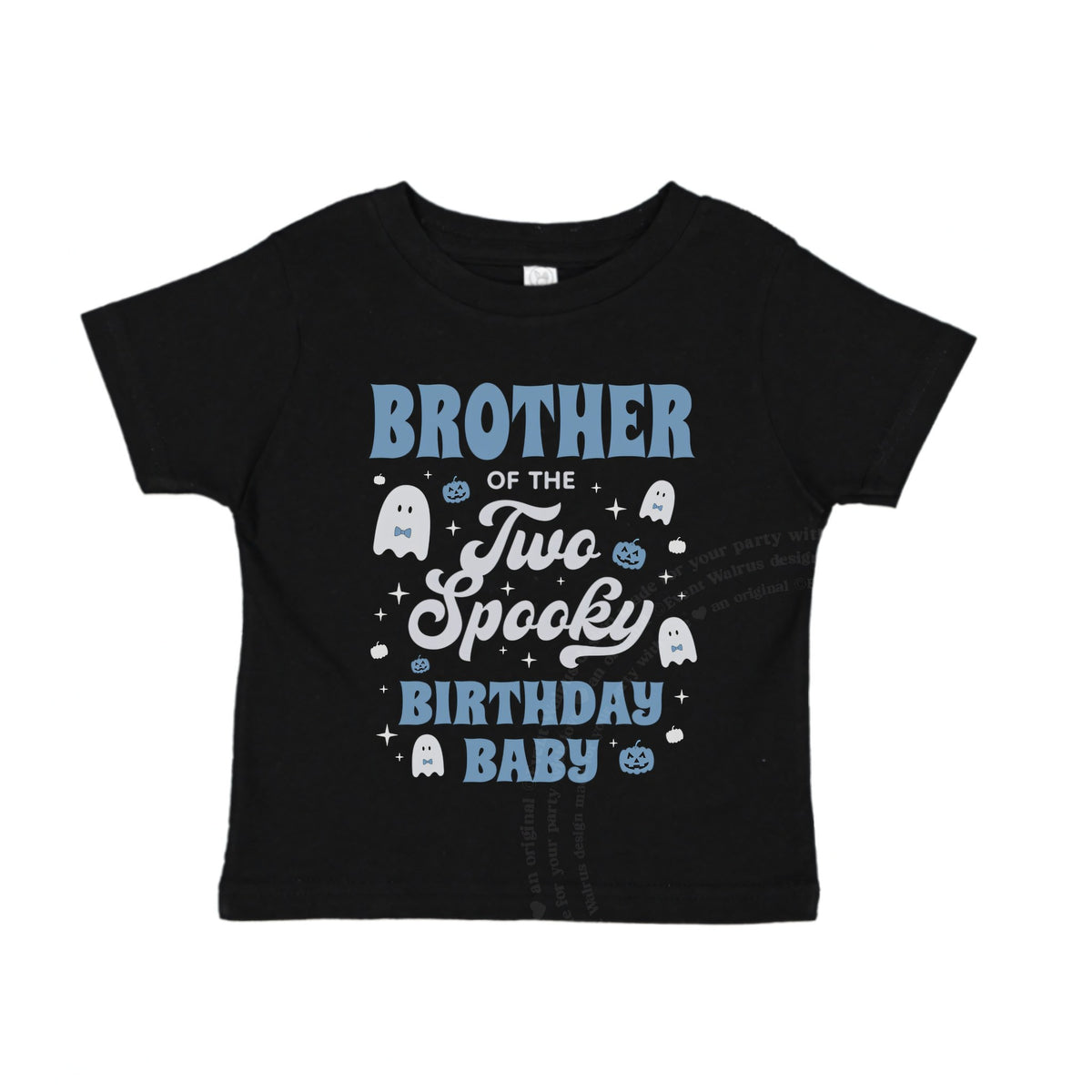 Black baby tee reading Brother of the Two Spooky Birthday Baby in blue and white.