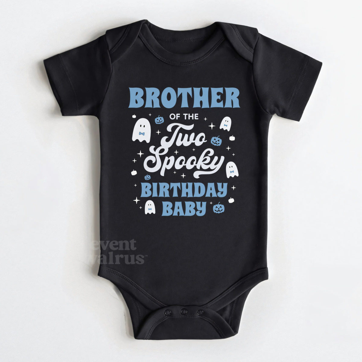 Black baby bodysuit reading Brother of the Two Spooky Birthday Baby with white ghosts.