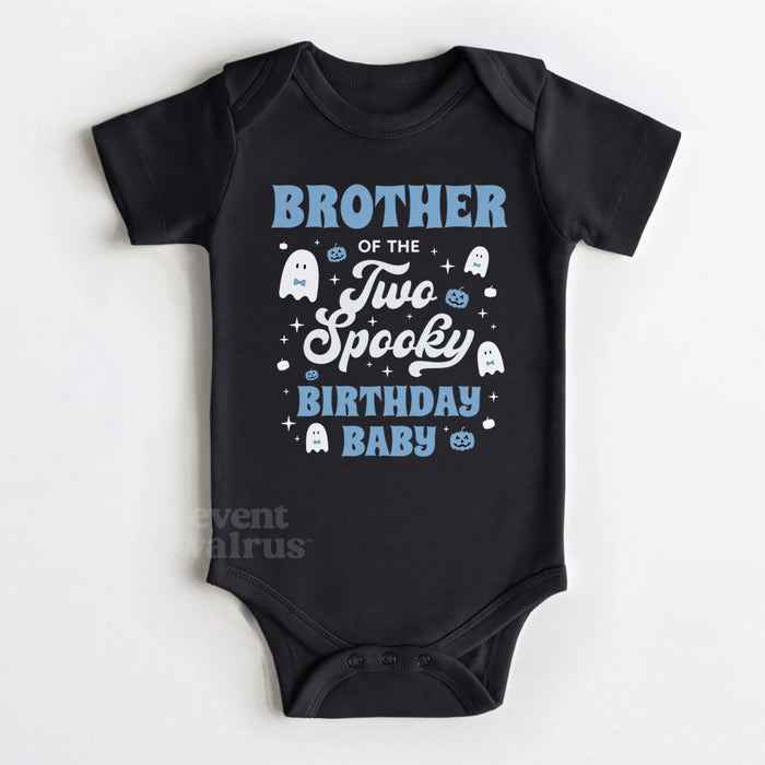 Black baby bodysuit reading Brother of the Two Spooky Birthday Baby with white ghosts.