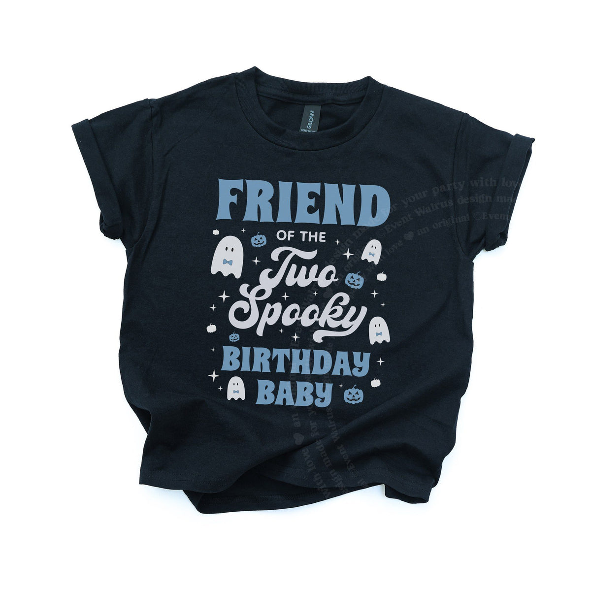 Black kids Friend of the Two Spooky Birthday Baby tee with blue pumpkins, laid flat.