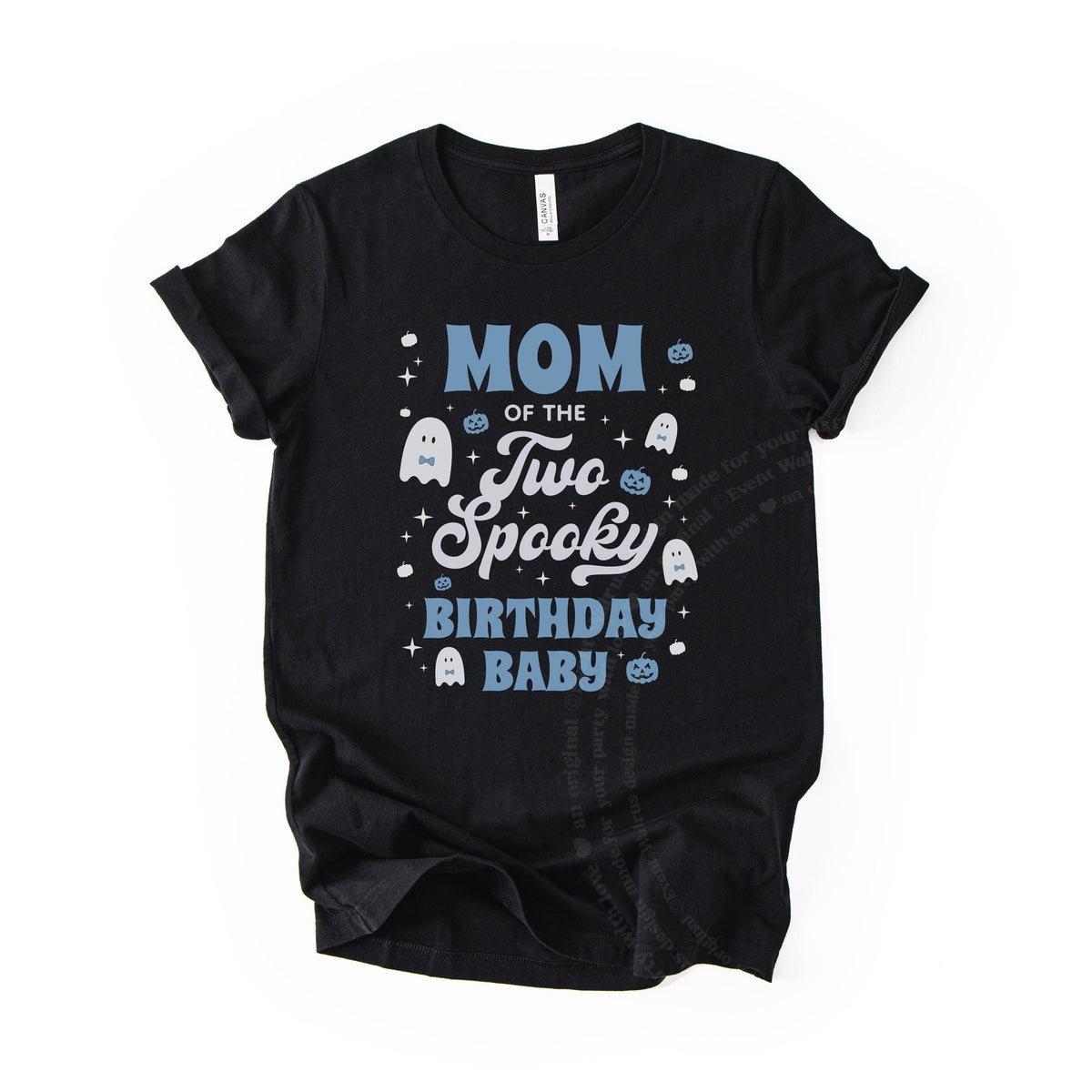 Black Mom of the Two Spooky Birthday Baby tee with blue lettering, laid flat.