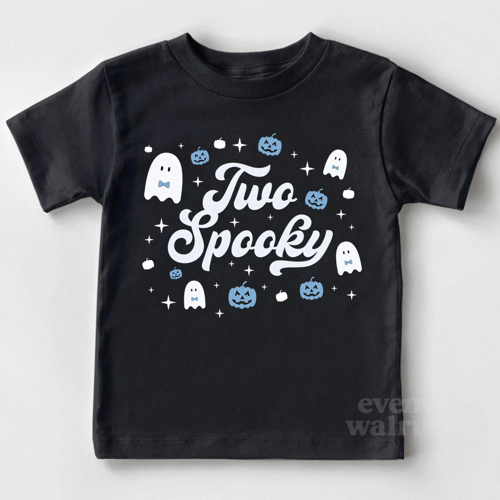 Black toddler Two Spooky tee in white script with ghosts and blue jack-o-lanterns.