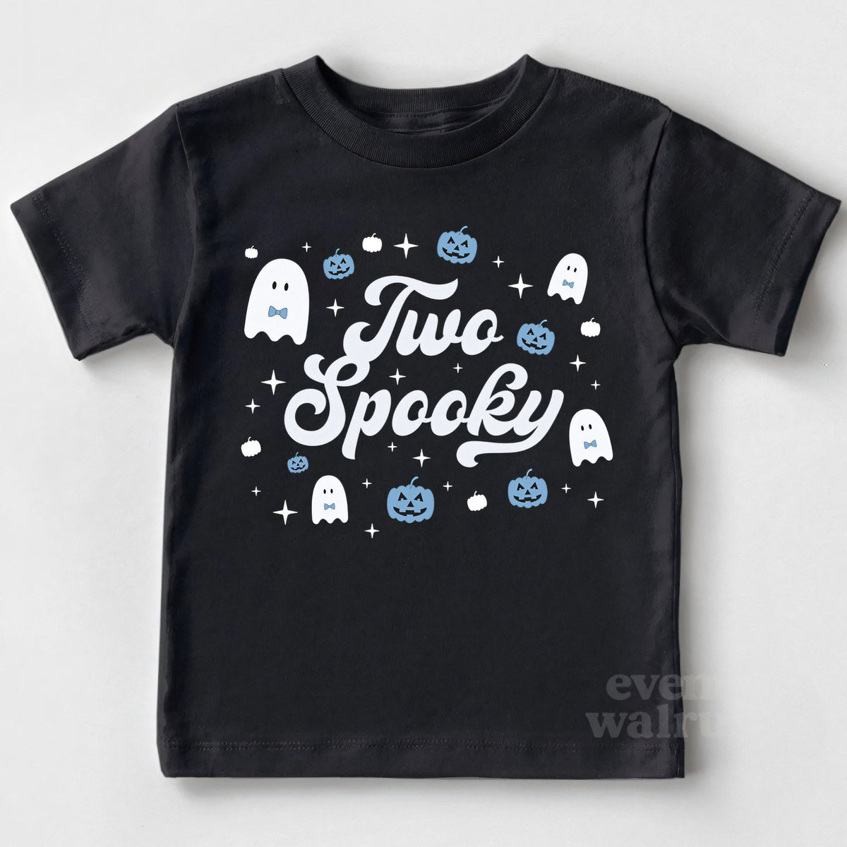Black toddler Two Spooky tee in white script with ghosts and blue jack-o-lanterns.
