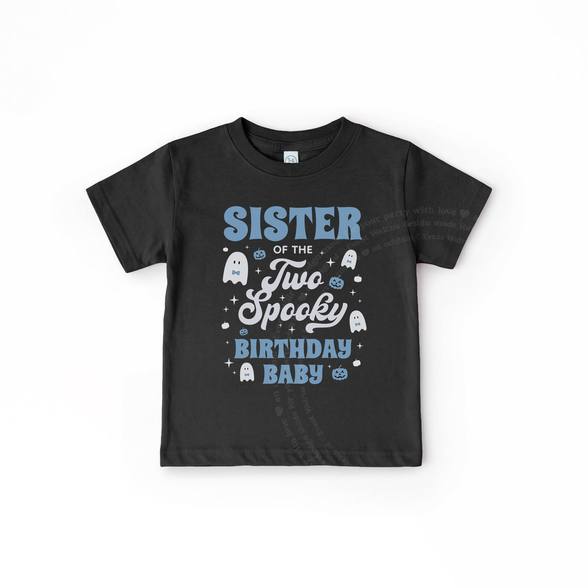 Black toddler Sister of the Two Spooky Birthday Baby tee, laid flat.