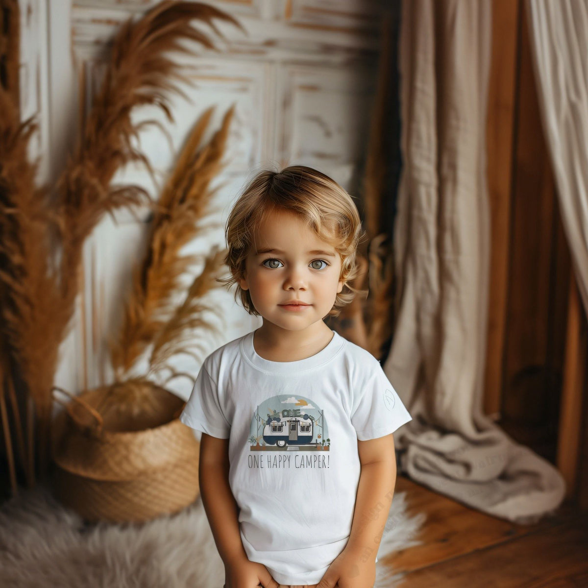Toddler boy in a white One Happy Camper tee with a vintage camper.