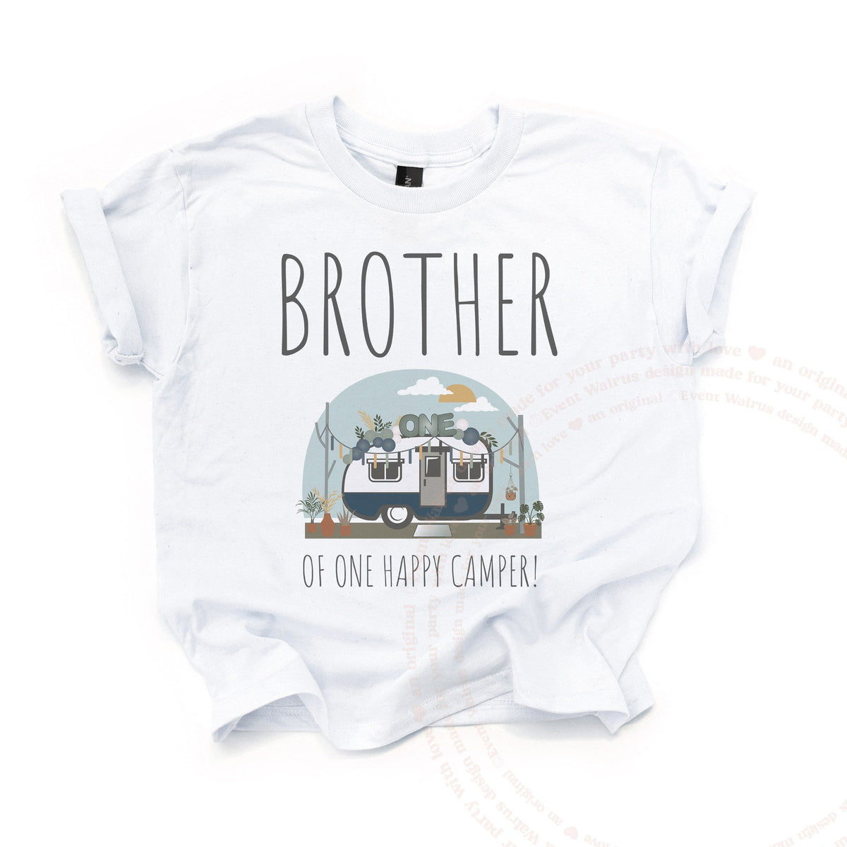 White Brother of One Happy Camper kids tee laid flat, with the vintage camper and pine trees.