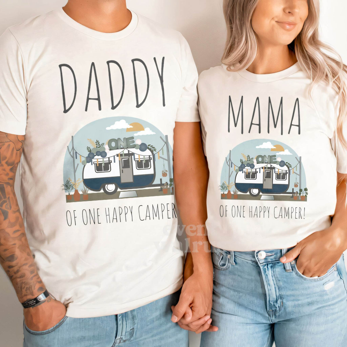 Dad and Mom holding hands in white Daddy and Mama vintage camper shirts.
