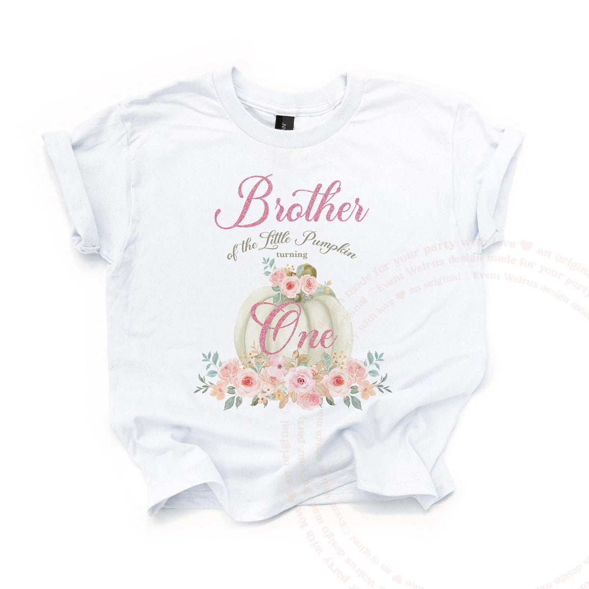 White Brother of the Little Pumpkin kids tee laid flat, with the cream pumpkin and pink glitter One.