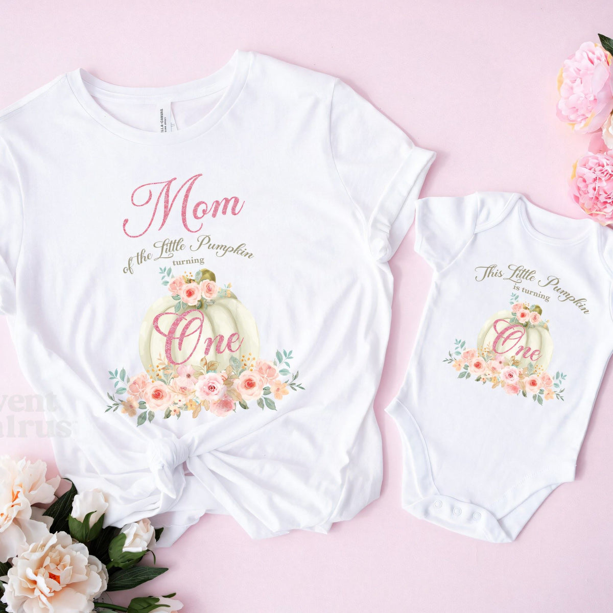White Mom of the Little Pumpkin tee and the baby bodysuit on pink with peonies.