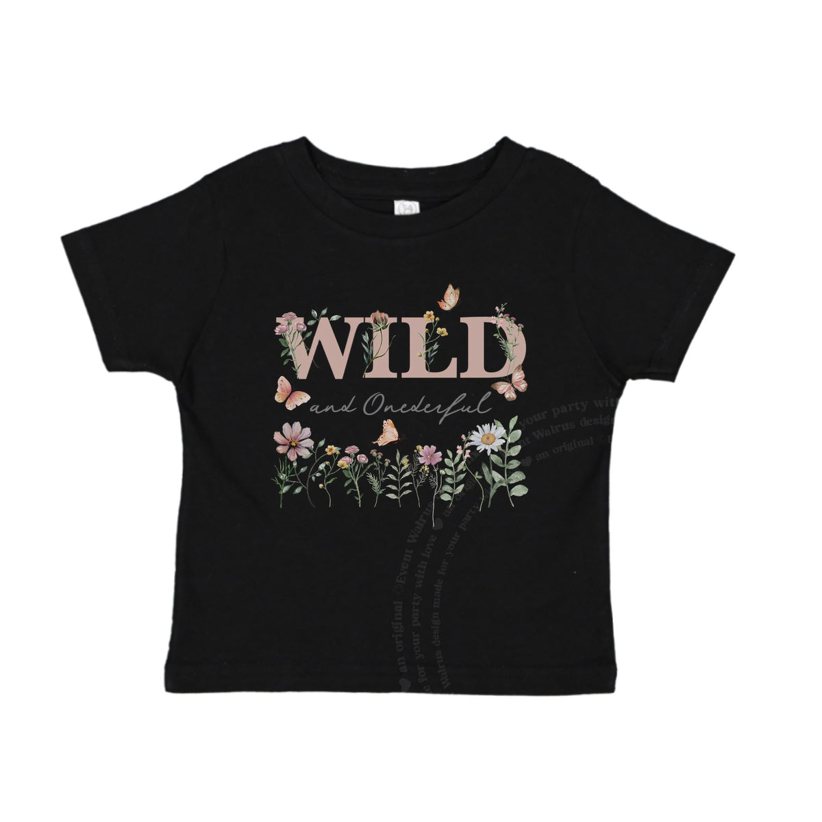 Black Wild and Onederful baby tee laid flat with blush wildflowers and butterflies.