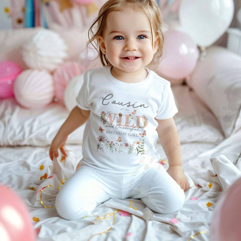 Toddler girl sitting among pink balloons in a white Cousin of the Wild and Onederful tee.
