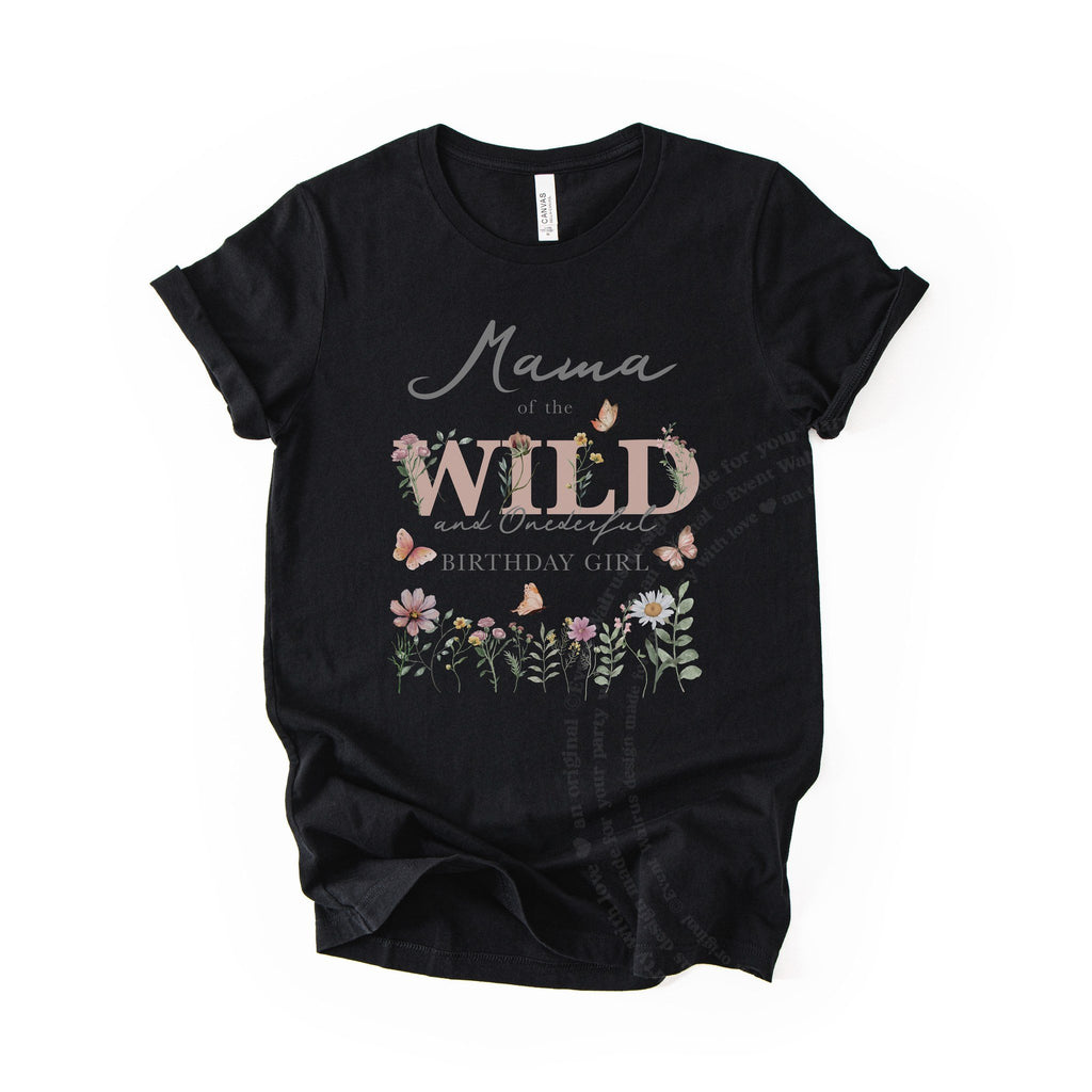Black Mama of the Wild and Onederful adult tee with blush lettering and wildflowers.