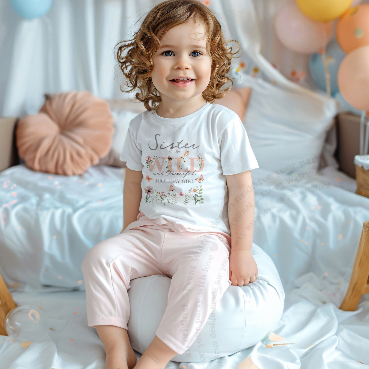 Curly-haired toddler at a pastel balloon party in a white Sister of the Wild and Onederful tee.