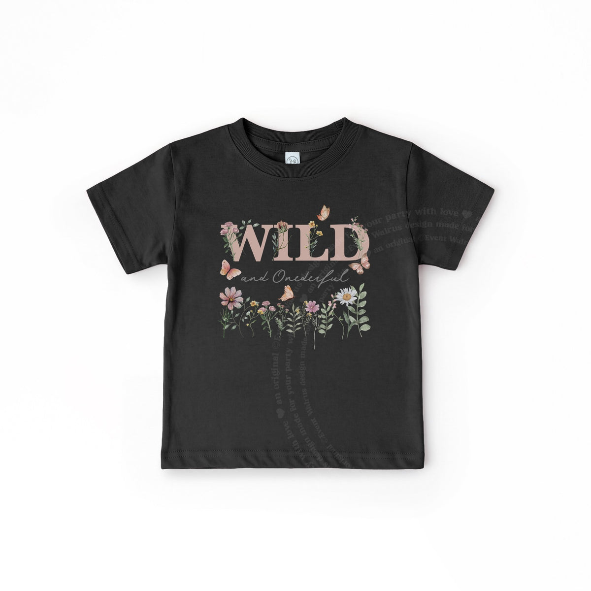 Black Wild and Onederful toddler tee laid flat, with dusty pink lettering and wildflowers.