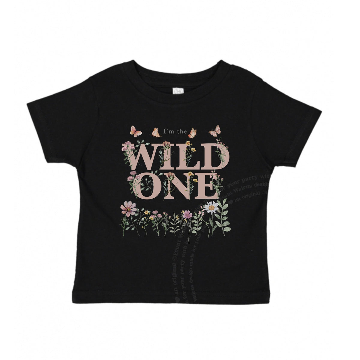 Black I'm the Wild One baby tee laid flat, with pink wildflower lettering and butterflies.