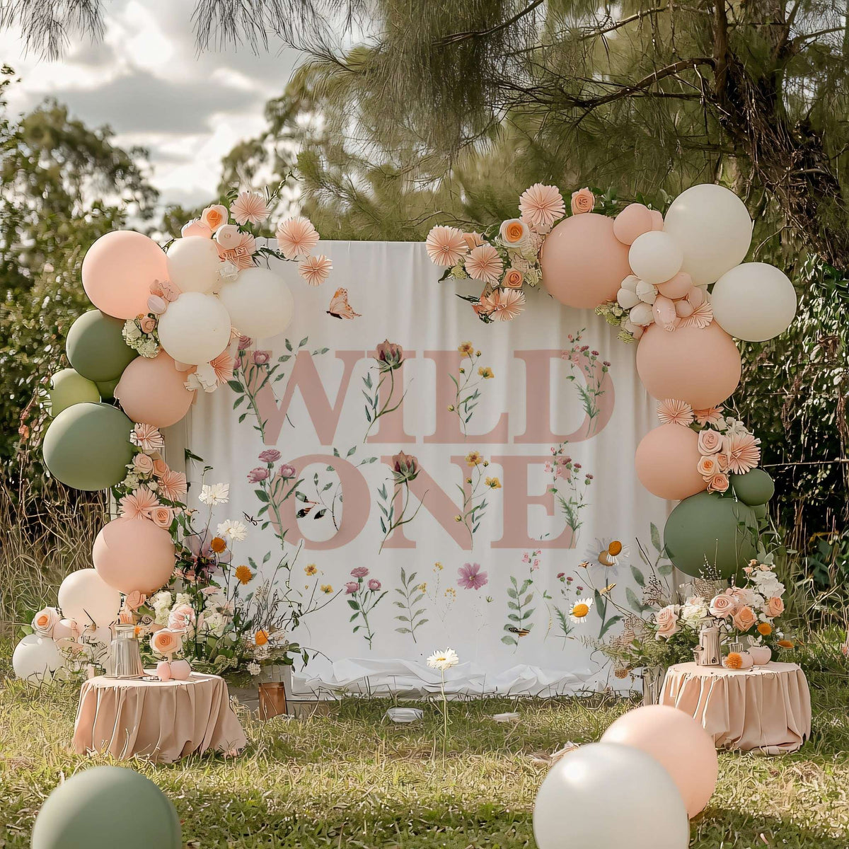 Wild One wildflower backdrop by the beach under a peach, sage and cream balloon arch with flowers.
