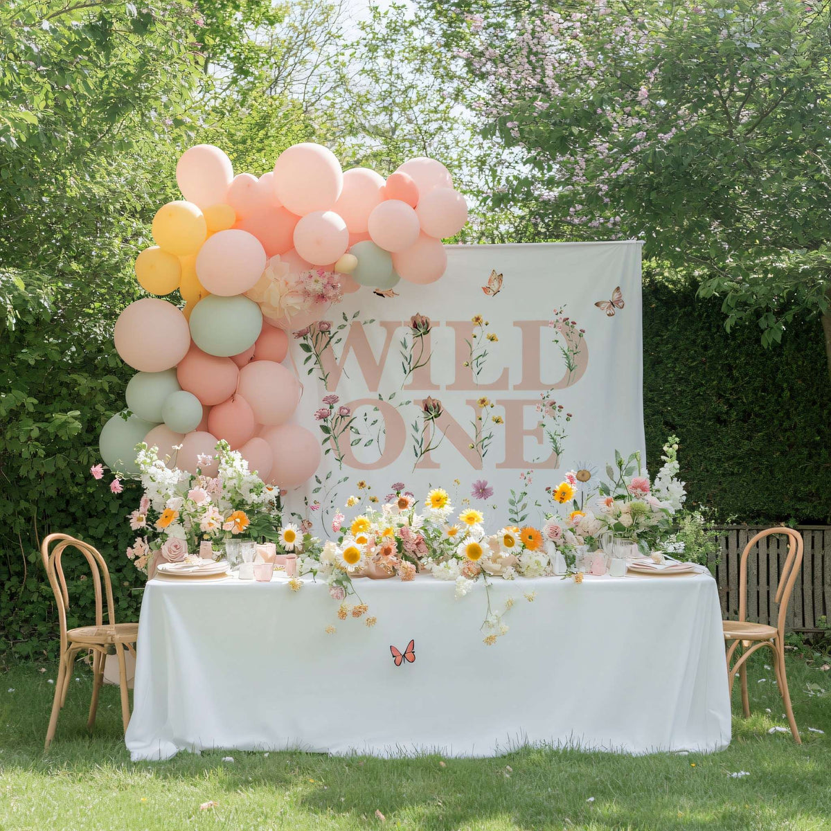 Wildflower Wild One backdrop behind a long white table set with yellow and pink wildflower bouquets.