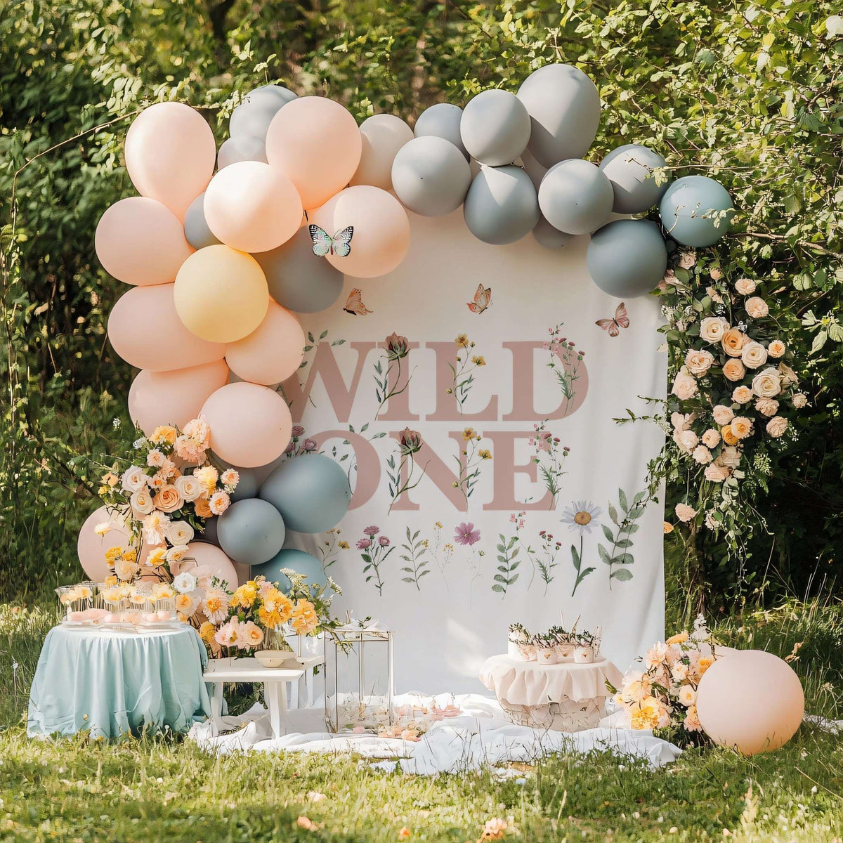 Wildflower Wild One birthday backdrop at an outdoor picnic party with a peach and gray balloon arch.