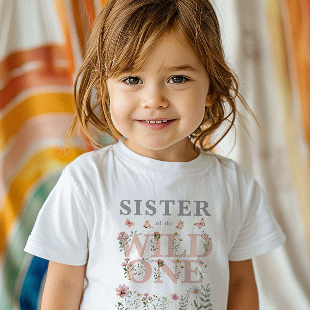 Little girl in a white Sister of the Wild One wildflower shirt.