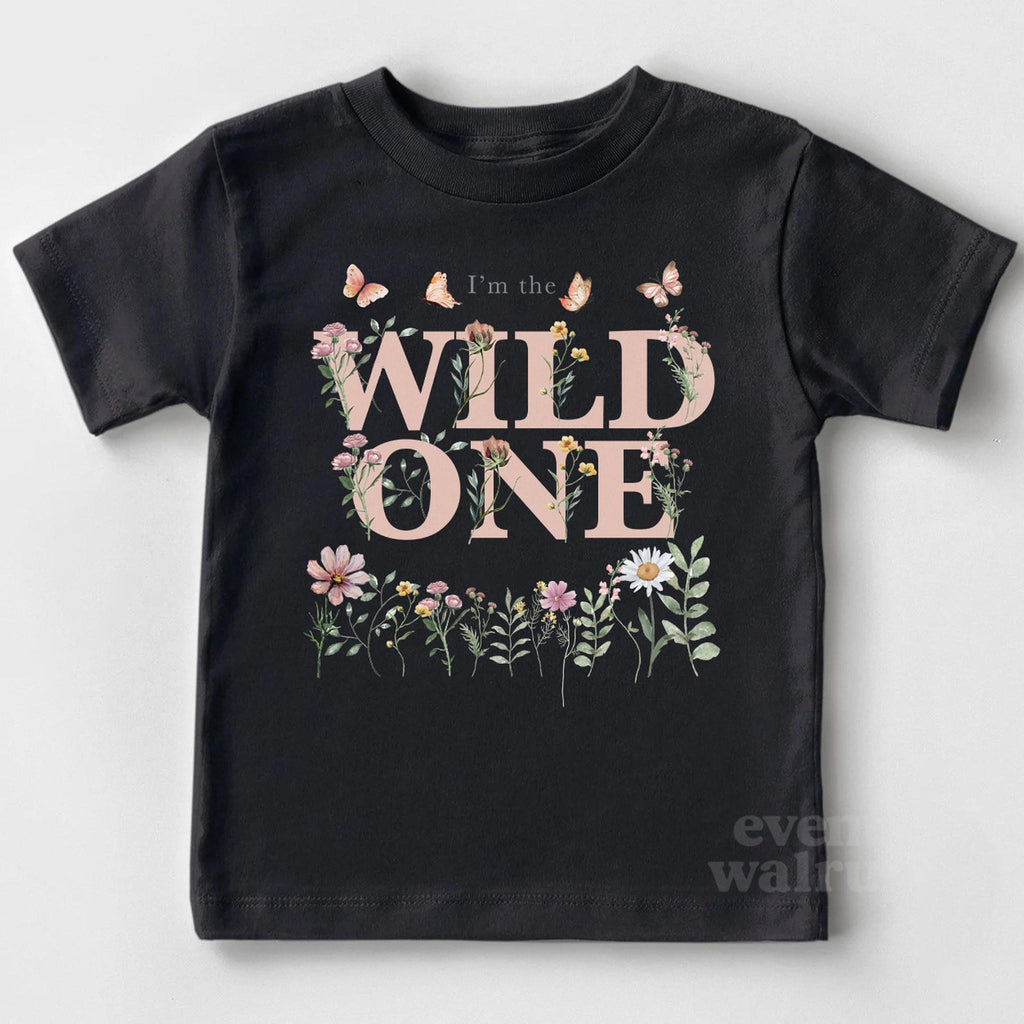 Black I'm the Wild One toddler tee with pink watercolor wildflowers and butterflies.