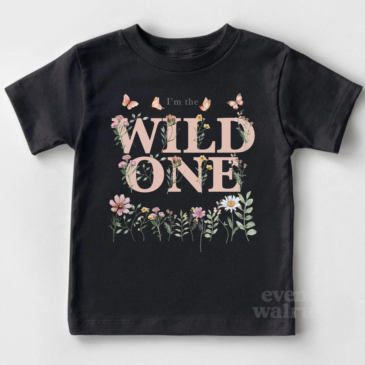 Black I'm the Wild One toddler tee with pink watercolor wildflowers and butterflies.