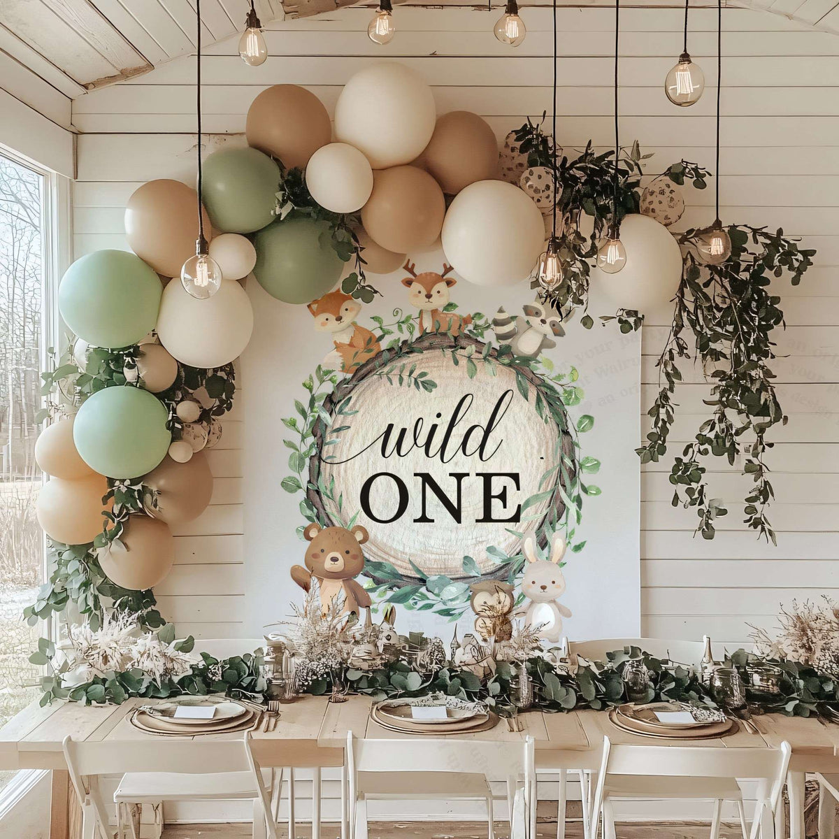 Woodland animals backdrop above a long dining table with hanging bulbs and sage balloons.