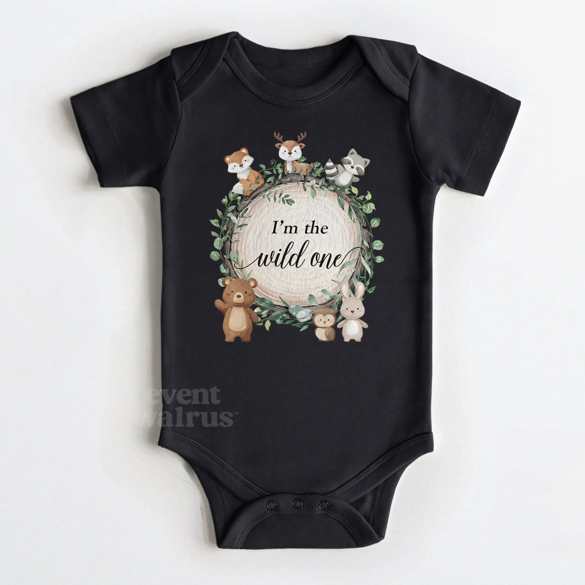 Black I'm the Wild One bodysuit with the fox, deer and bear wreath.