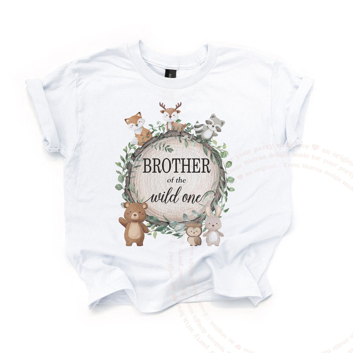 White Brother of the Wild One kids tee laid flat, with the fox, deer, raccoon and bear wreath.